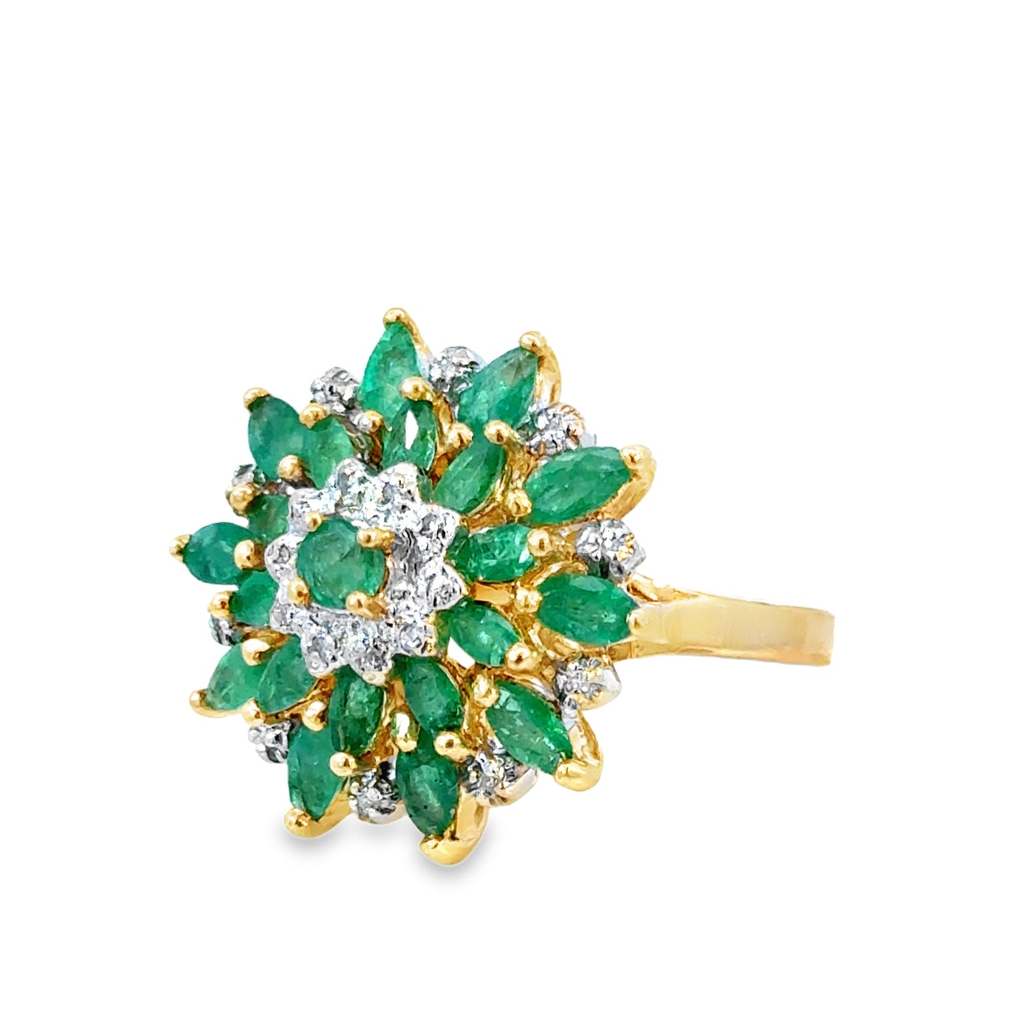 14K Yellow Gold Emerald & Diamond Floral Cluster Ring
