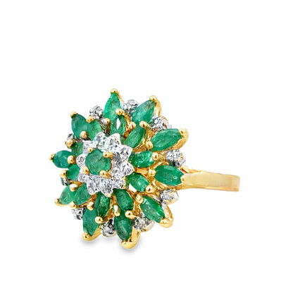 14K Yellow Gold Emerald & Diamond Floral Cluster Ring