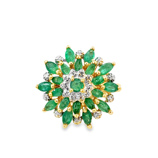 14K Yellow Gold Emerald & Diamond Floral Cluster Ring