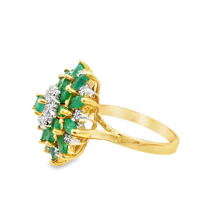 14K Yellow Gold Emerald & Diamond Floral Cluster Ring