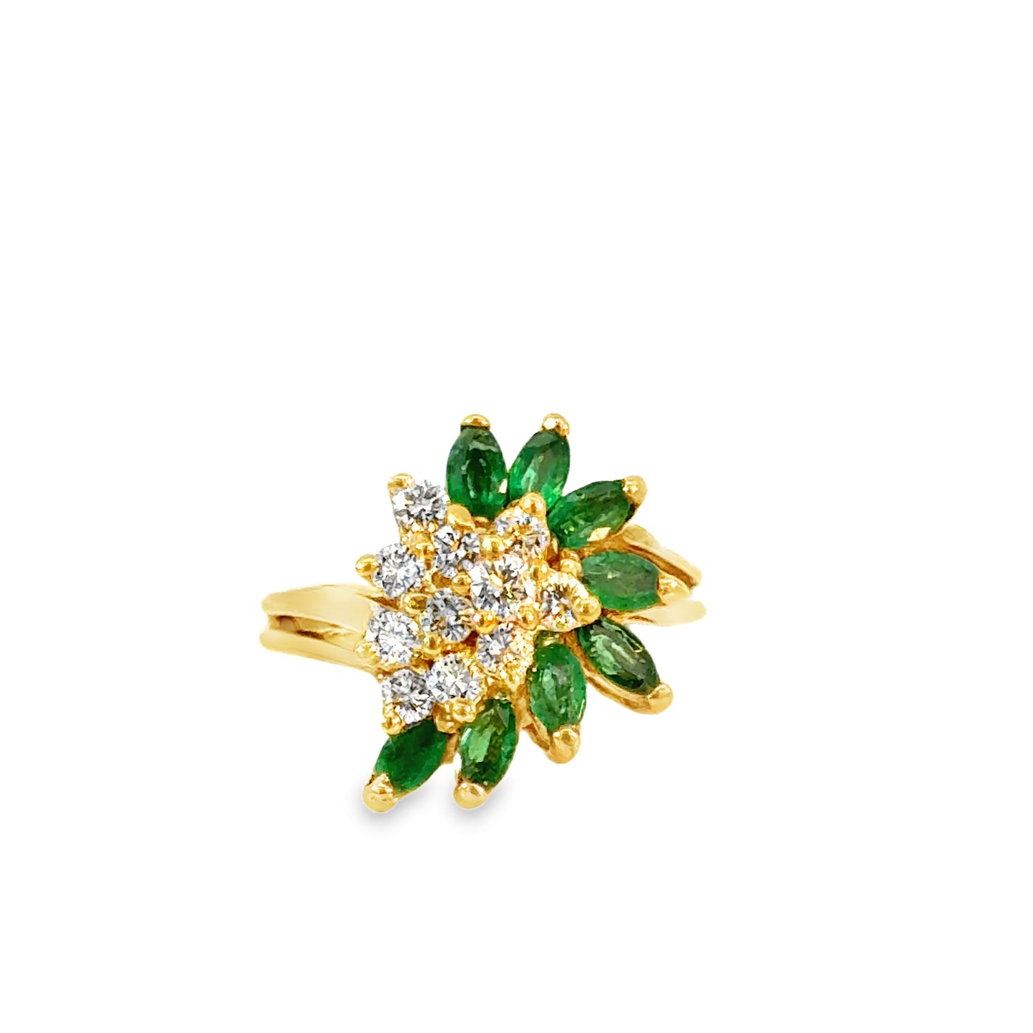 18K Yellow Gold Emerald & Diamond Flower Cluster Ring