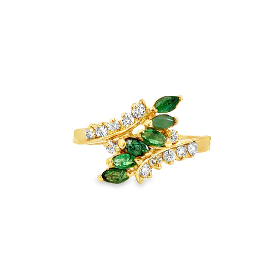 14K Yellow Gold Bypass Ring with Emeralds and Diamonds – Classic Beauty