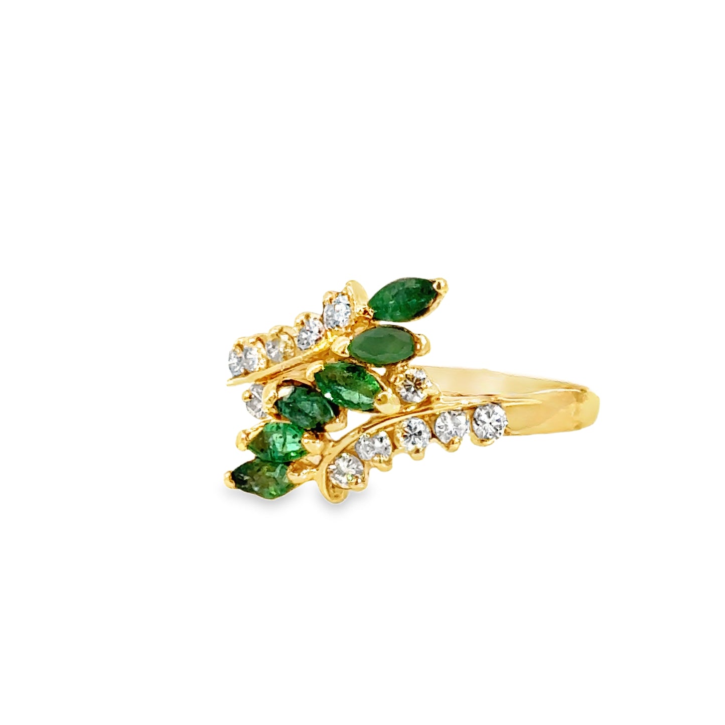 14K Yellow Gold Bypass Ring with Emeralds and Diamonds – Classic Beauty