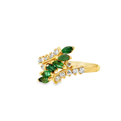 14K Yellow Gold Bypass Ring with Emeralds and Diamonds – Classic Beauty