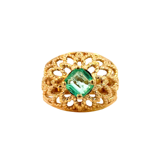 14K Yellow Gold Emerald Floral Filigree Ring – Vintage Domed Design