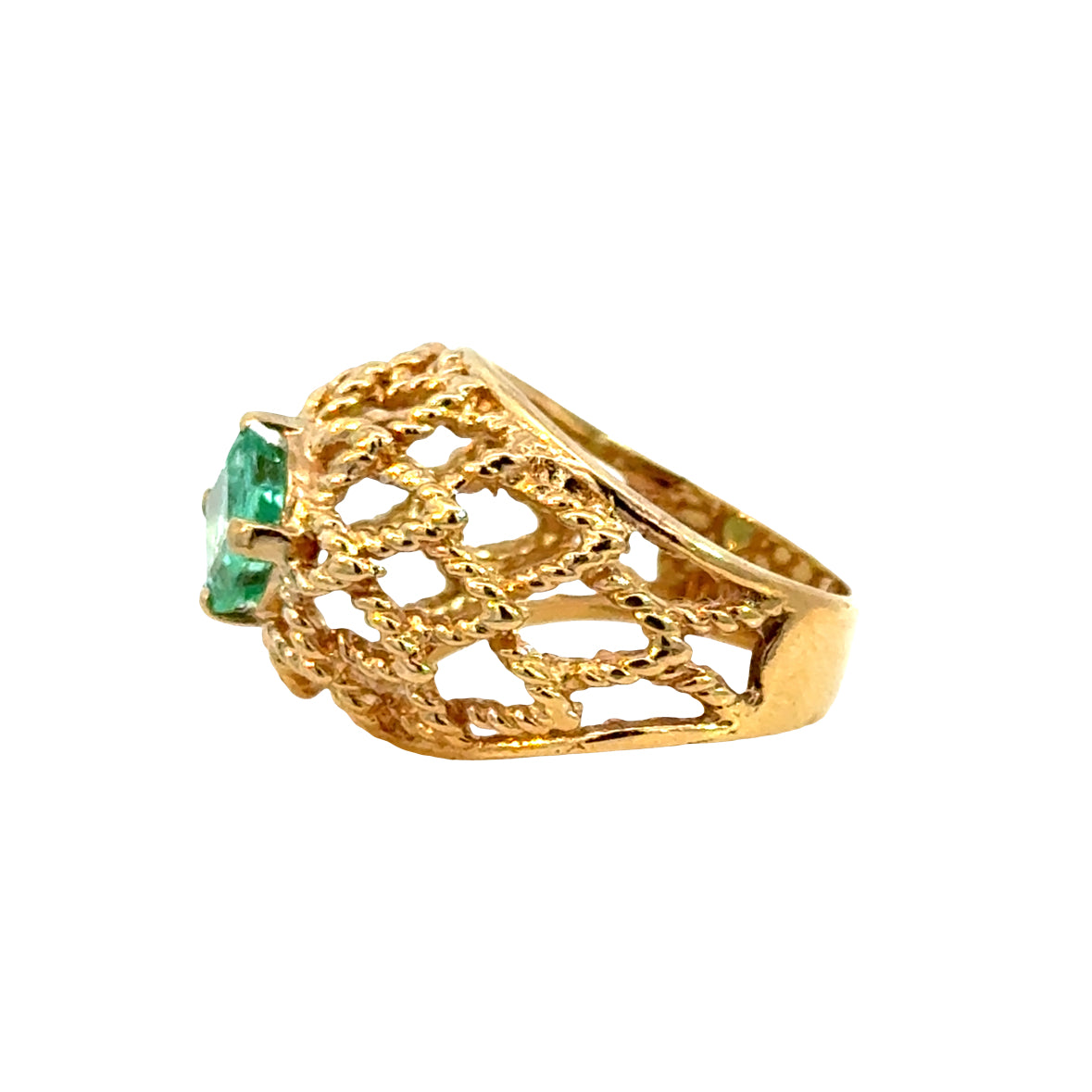 14K Yellow Gold Emerald Floral Filigree Ring – Vintage Domed Design