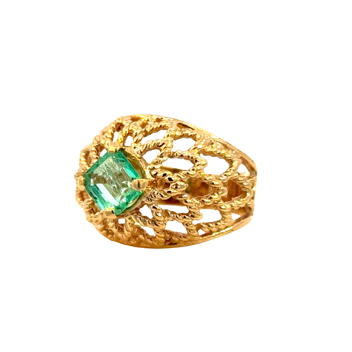 14K Yellow Gold Emerald Floral Filigree Ring – Vintage Domed Design