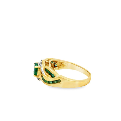 14K Yellow Gold Emerald Leaf Swirl Ring
