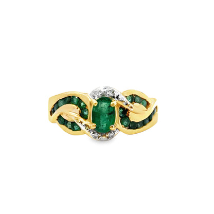14K Yellow Gold Emerald Leaf Swirl Ring