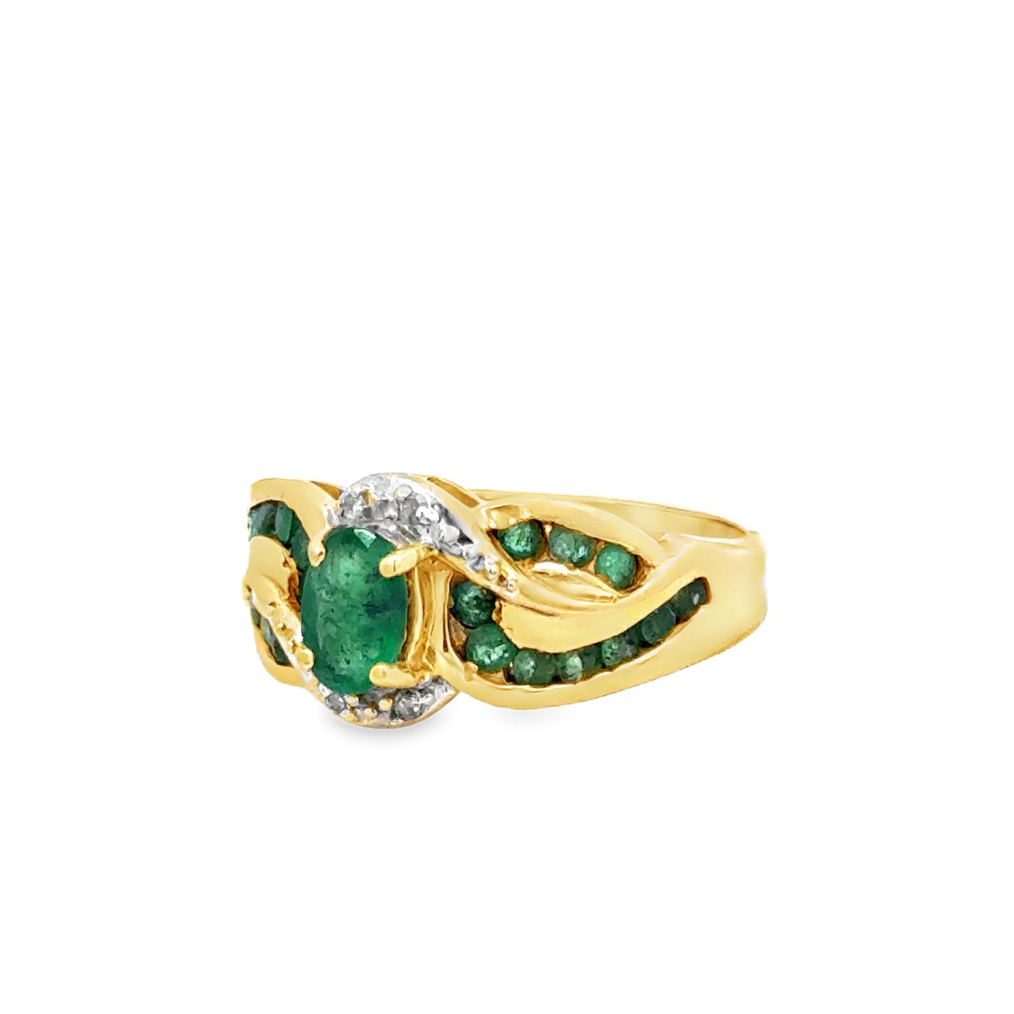 14K Yellow Gold Emerald Leaf Swirl Ring