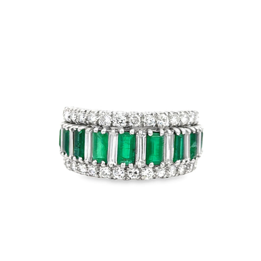 Platinum Emerald and Diamond Multi-Row Band Ring – Exquisite Fine Jewelry