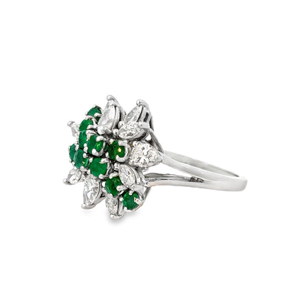 Platinum Emerald & Diamond Cluster Ring – Marquise Diamond Floral Design