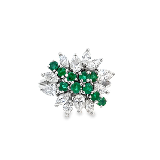 Platinum Emerald & Diamond Cluster Ring – Marquise Diamond Floral Design