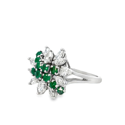 Platinum Emerald & Diamond Cluster Ring – Marquise Diamond Floral Design
