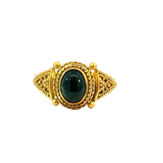 18K/22K Gold Vintage Emerald Cabochon Ring with Ornate Detail