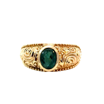 14K Yellow Gold Vintage Bezel-Set Tourmaline Ring with Ornate Detail