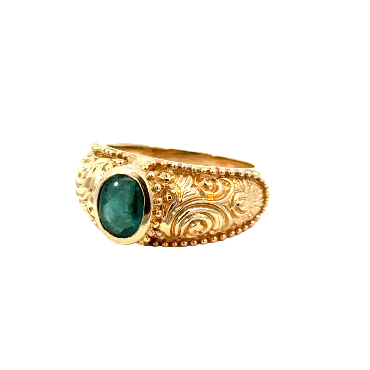 14K Yellow Gold Vintage Bezel-Set Tourmaline Ring with Ornate Detail