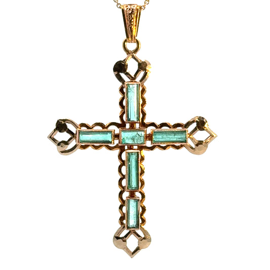 Vintage 18K Yellow Gold & Natural Colombian Emeralds Cross Pendant