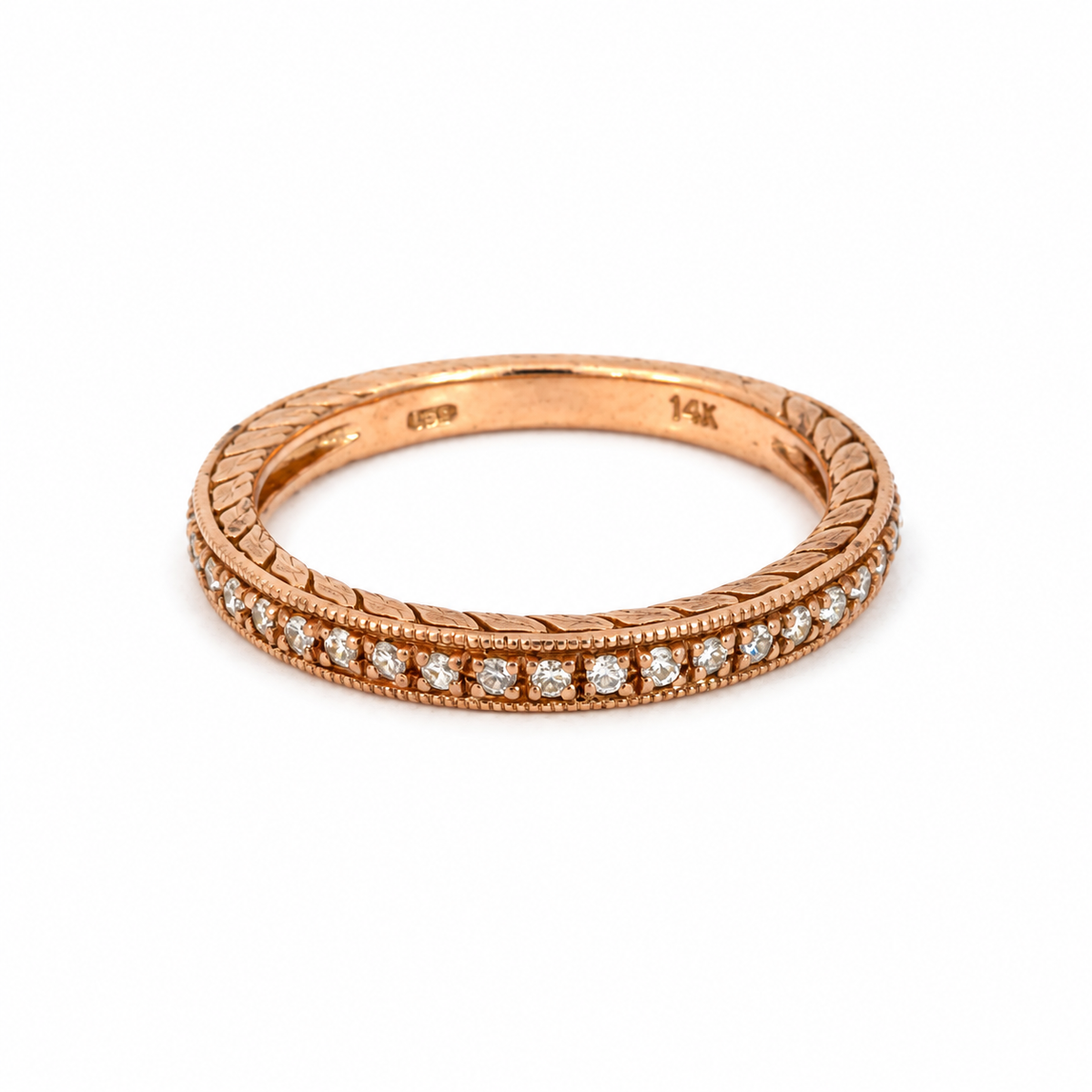 14K Rose Gold Diamond Band with Engraved Leaf Detail