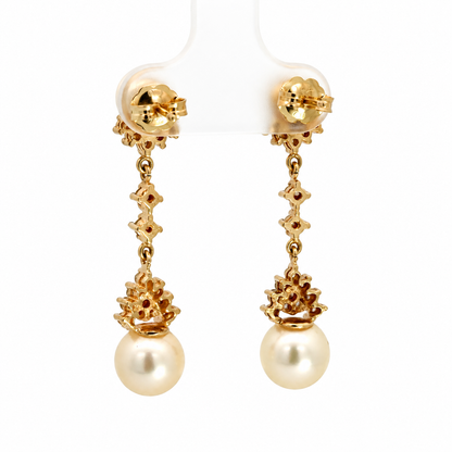 14K Gold Diamond Cluster & Pearl Drop Earrings