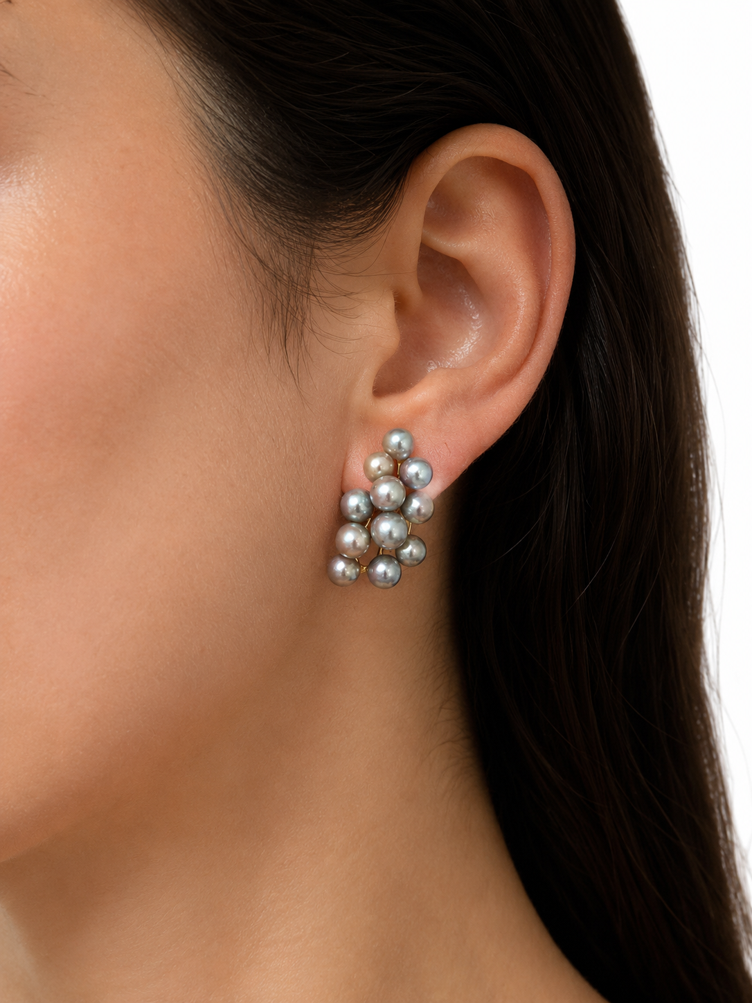 Vintage 14K Yellow Gold Black Freshwater Pearl Cluster Earrings