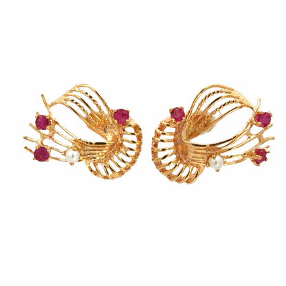 Mid-Century Ruby and Pearl Swirl Earrings in Yellow Gold