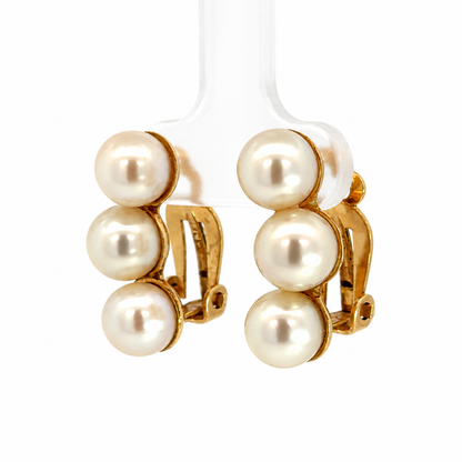 14K Yellow Gold Triple Pearl Curved Clip-On Earrings