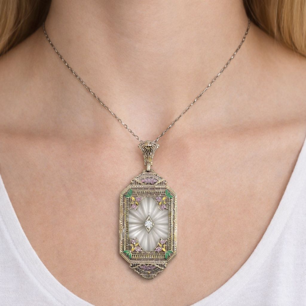 Antique Art Deco 14K White Gold Filigree Rock Crystal Necklace with Enamel & Diamond