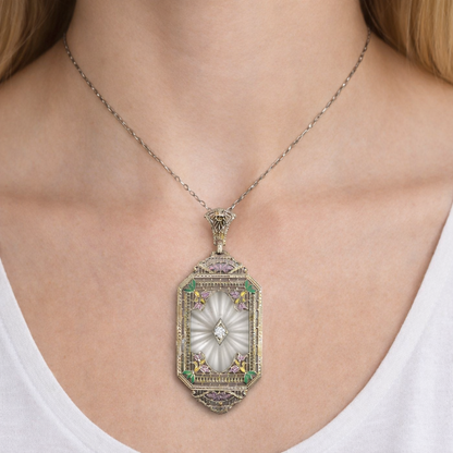 Antique Art Deco 14K White Gold Filigree Rock Crystal Necklace with Enamel & Diamond