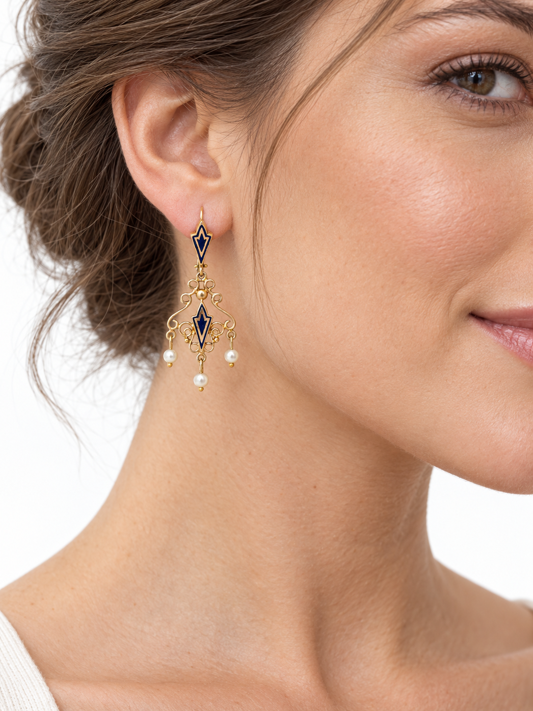 14K Yellow Gold Blue Enamel & Seed Pearl Filigree Chandelier Earrings