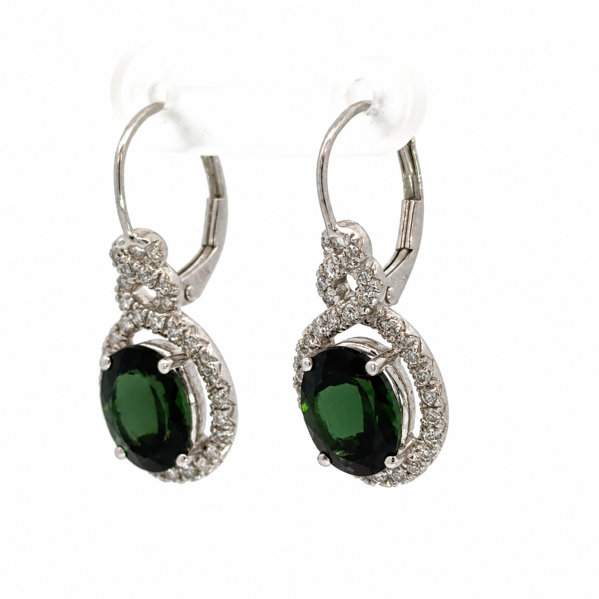 14K White Gold Deep Green Garnet & Diamond Halo Drop Earrings