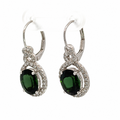 14K White Gold Deep Green Garnet & Diamond Halo Drop Earrings