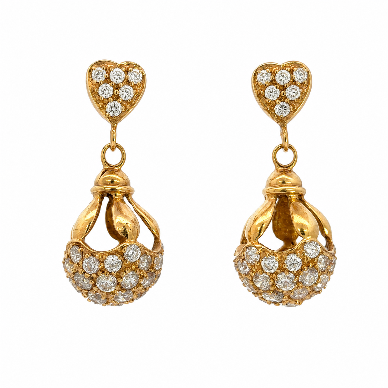 21K Gold Cubic Zirconia Heart Dangle Earrings Screw Posts