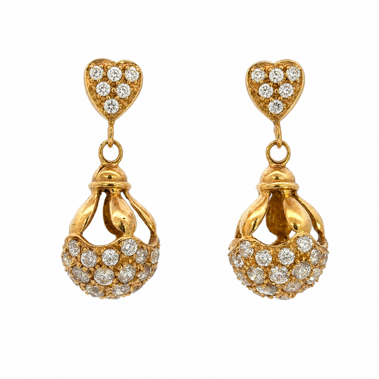 21K Gold Cubic Zirconia Heart Dangle Earrings Screw Posts