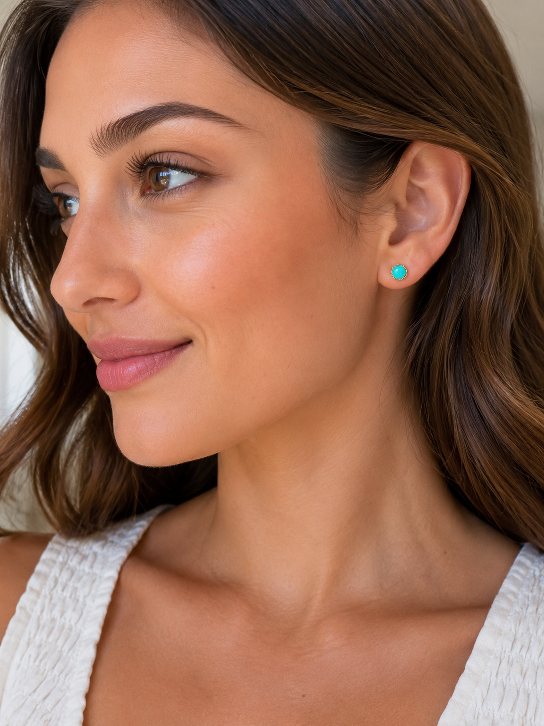 Petite Turquoise Cabochon Stud Earrings in 14K Scalloped Gold
