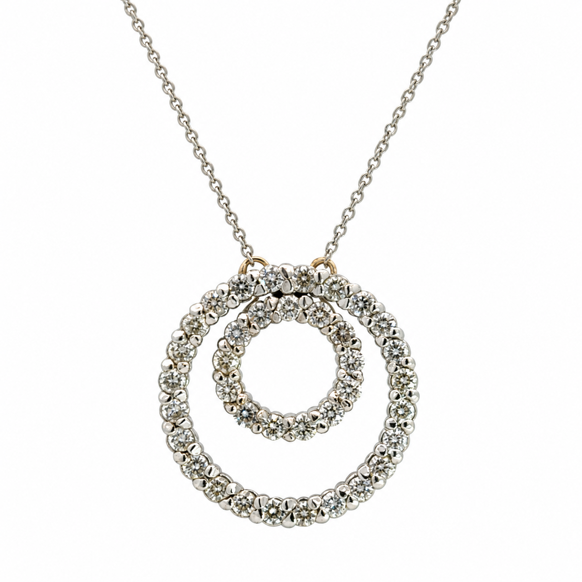 14K White Gold Diamond Double Circle Pendant Necklace, 16.5 Inches