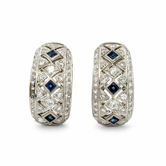 Diamond and Sapphire Hoop Earrings 14K White Gold French Clip