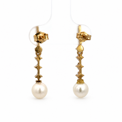 14K Yellow Gold Diamond & Pearl Articulated Drop Earrings