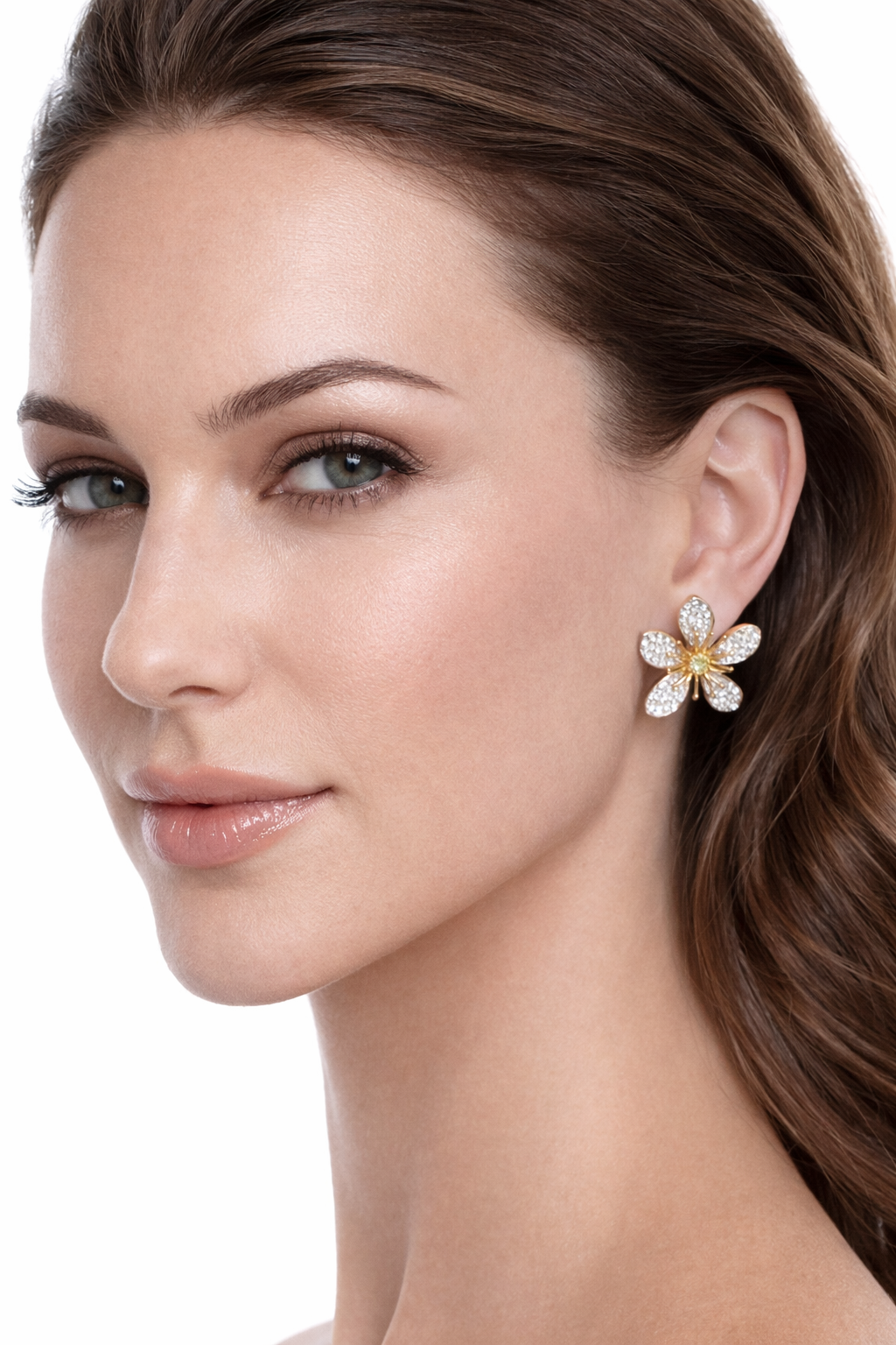 14K White Gold Diamond Flower Earrings with Yellow Diamond Centers