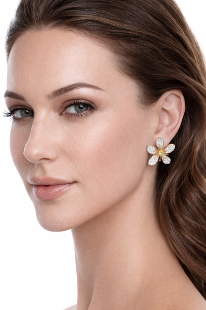 14K White Gold Diamond Flower Earrings with Yellow Diamond Centers