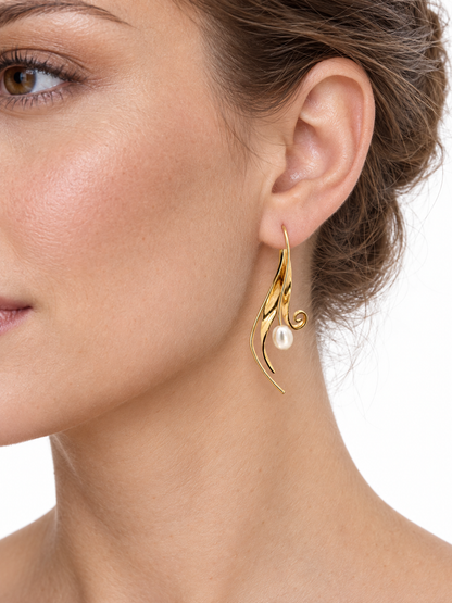 14K Yellow Gold Cultured Pearl Sculptural Leaf Drop Earrings