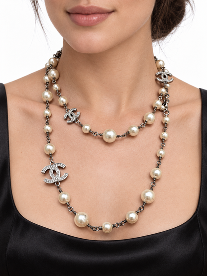 CHANEL A36121 Long Glass Pearl & Crystal Five CC Sautoir Necklace 42” with Original Box