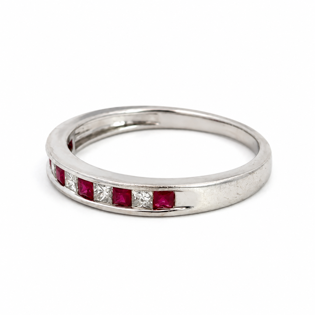 14K White Gold Alternating Ruby & Diamond Band