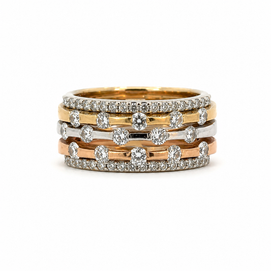 Vintage 18K Tri-Color Gold Diamond Wide Band Ring