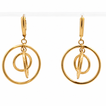 14K Yellow Gold Triple Circle Drop Earrings