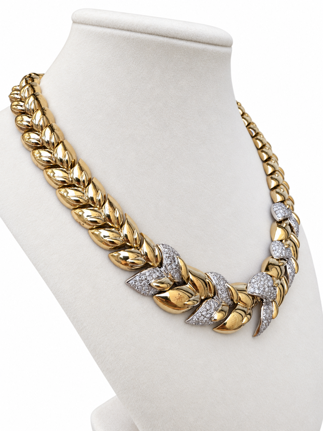 Vintage 18K Yellow Gold Diamond Leaf-Link Collar Necklace