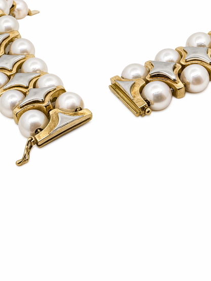 Vintage 18K Yellow Gold Pearl & Diamond Collar Necklace – Double Row Pearls