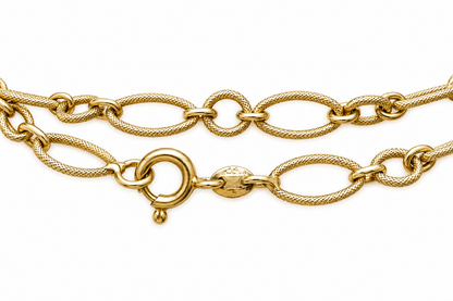 Vintage 1950s 18K Yellow Gold Textured Round & Oval Link Necklace — 40″ Long or Doubled