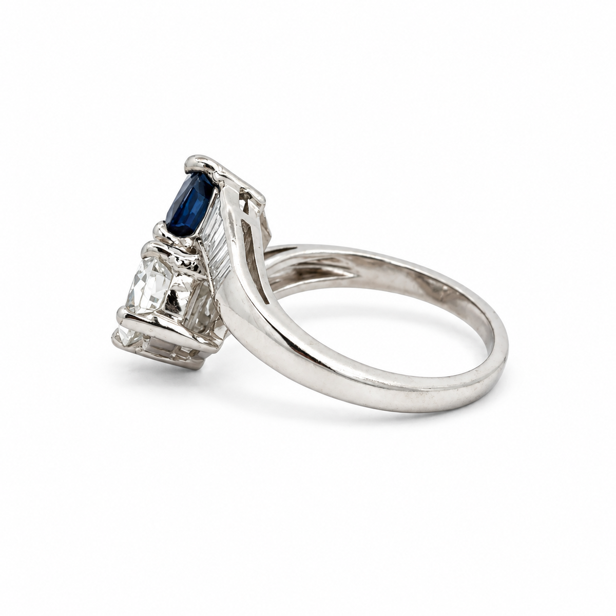 Platinum Diamond and Sapphire Toi et Moi Bypass Ring