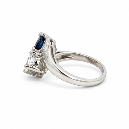 Platinum Diamond and Sapphire Toi et Moi Bypass Ring